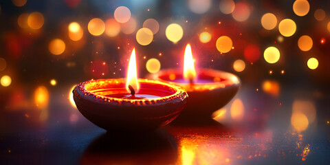 Happy Diwali Festival with Lit Diya on Colorful Background