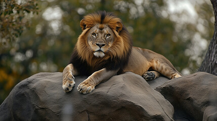 Obraz premium Majestic Lion Resting on Rock 