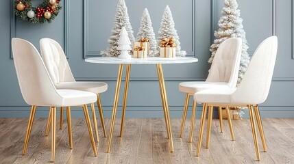 Elegant dining room setup with gold accents, featuring a round table, white chairs, and festive decorations for a cozy atmosphere.