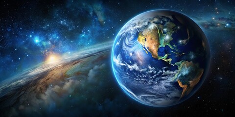 Obraz premium A celestial tapestry of swirling clouds and distant starlight embraces a vibrant blue and green planet, illuminating the vastness of the cosmos.