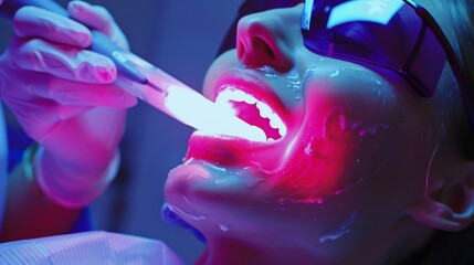 Dentist performing a tooth whitening treatment applying a bleaching agent and using a special light to brighten the teeth