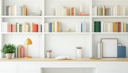 Fototapeta premium A bright and inviting office space featuring white bookshelves filled with books and vibrant color accents.