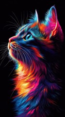 Bold and Colorful Cat Head on Dark Background