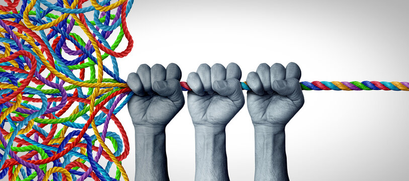 Team Management Concept and teamwork Organizing concept as a group of managers taking charge sorting out diverse ropes into an organized pattern as a successful business Collaboration group strategy.