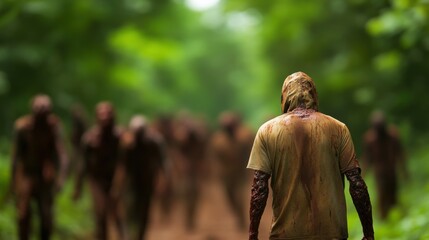 A person walking through a muddy path in a green forest surrounded by figures.
