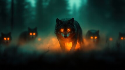 Fototapeta premium A pack of wolves with glowing eyes walking through foggy forest.