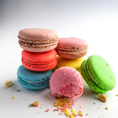 Obraz premium French sweet colorful fruit cookies macarons macaroons with crumbs on a white background