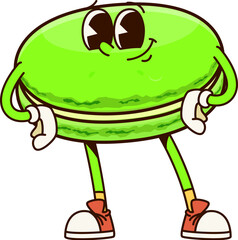 Groovy green macaroon dessert character has a cheeky expression, sporting gloves and sneakers, exuding a sense of fun and with akimbo pose. Isolated cartoon vector comic patisserie food personage