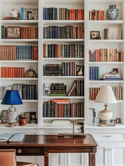 Fototapeta premium A bright and inviting office space featuring white bookshelves filled with books and vibrant color accents.