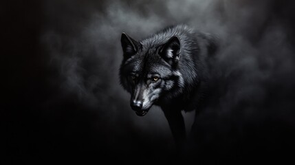 Fototapeta premium A majestic black wolf emerging from shadows in a dark misty environment.