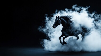 A majestic black horse galloping through a cloud of smoke on a dark background.