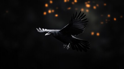 Fototapeta premium A majestic black crow soaring against a dark, ethereal background.