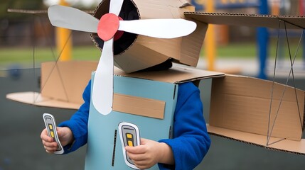 Happy Child Playing Outdoors with Homemade Plane Costume