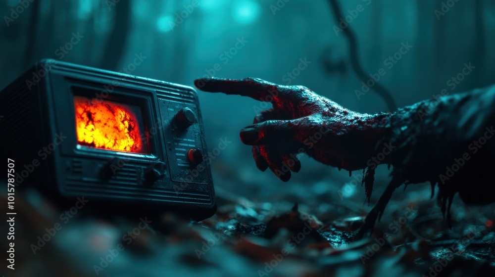 Canvas Prints A hand reaches toward an old television displaying a fiery scene in a dark forest.