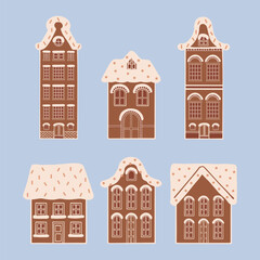 Hand drawn gingerbread houses set collection. Isolated Christmas cookies with icing elements. Winter holidays celebration decoration dessert vector. For poster, card, scrapbooking, invitation, media