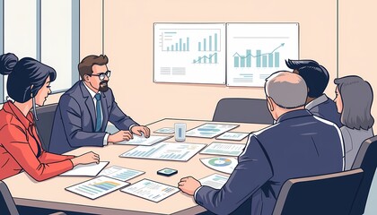 Business Team Engaged in a Meeting, Discussing Financial Reports and Strategy Planning in a Boardroom Setting