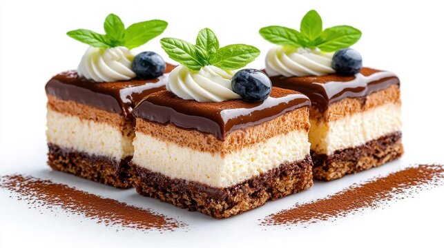 A photostock images of chocolate tiramisu dessert served on a clean white background