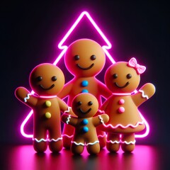 Fototapeta premium A Beautiful funny gingerbread family on a black background. 3D rendering. Neon lights