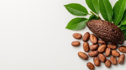 Obraz premium A photostock images of cocoa beans and a cocoa pod with leaves on a clean white background