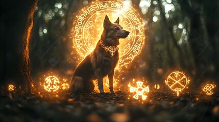 Mystical Celtic Dog Deity Guarding Enchanted Forest with Glowing Symbols