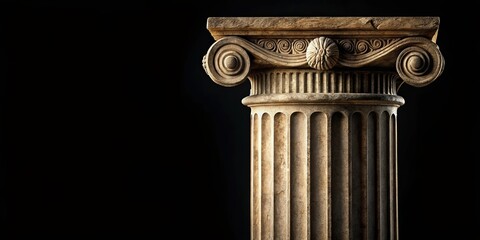 A solitary stone column with intricate carvings stands against a dark backdrop, highlighting the graceful lines of its ionic capital and fluted shaft.