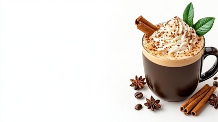 A photostock images of coffee with cream and cinnamon sticks on a clean white background