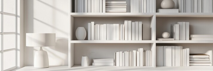 white bookshelf in an office setting showcases a collection of neatly arranged hardcover books and stylish lamps.