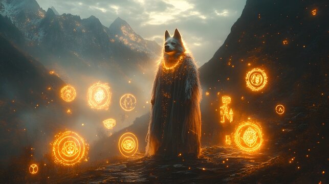 Canine Deity Presiding Over Mystical Mountain Landscape with Glowing Symbols