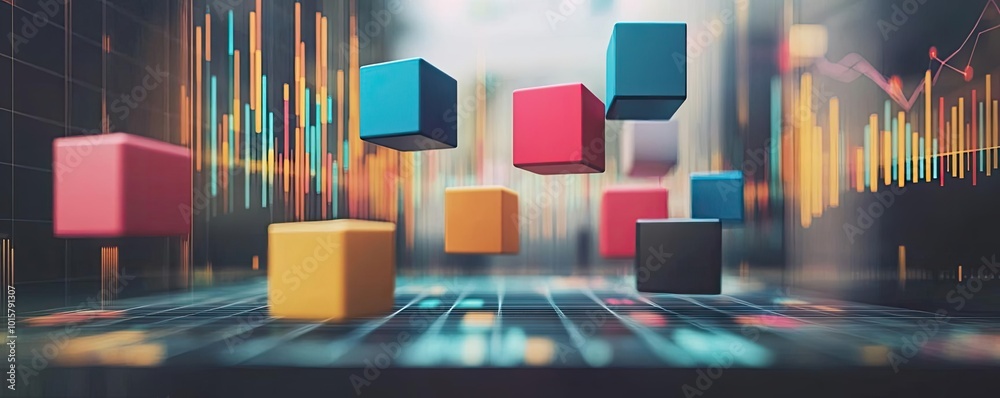 Aufkleber Dynamic 3D cubes floating over a digital grid, representing data analysis and financial trends with colorful graphics.