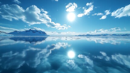 Fototapeta premium A stunning view of a pristine, frozen landscape with a brilliant blue sky reflecting in the calm water.