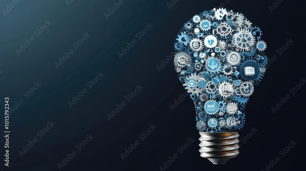 Poster discover creativity and innovation with this light bulb composed of gears, representing ideas and te