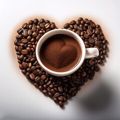 Fototapeta premium Textured ceramic coffee mug filled with a vibrant coffee blend. Scatter the ground coffee beans around the mug in a heart shape, symbolizing love for coffee