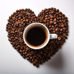 Obraz premium Textured ceramic coffee mug filled with a vibrant coffee blend. Scatter the ground coffee beans around the mug in a heart shape, symbolizing love for coffee