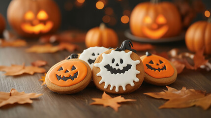 Close-up of Halloween-themed gingerbread cookies with detailed icing designs.