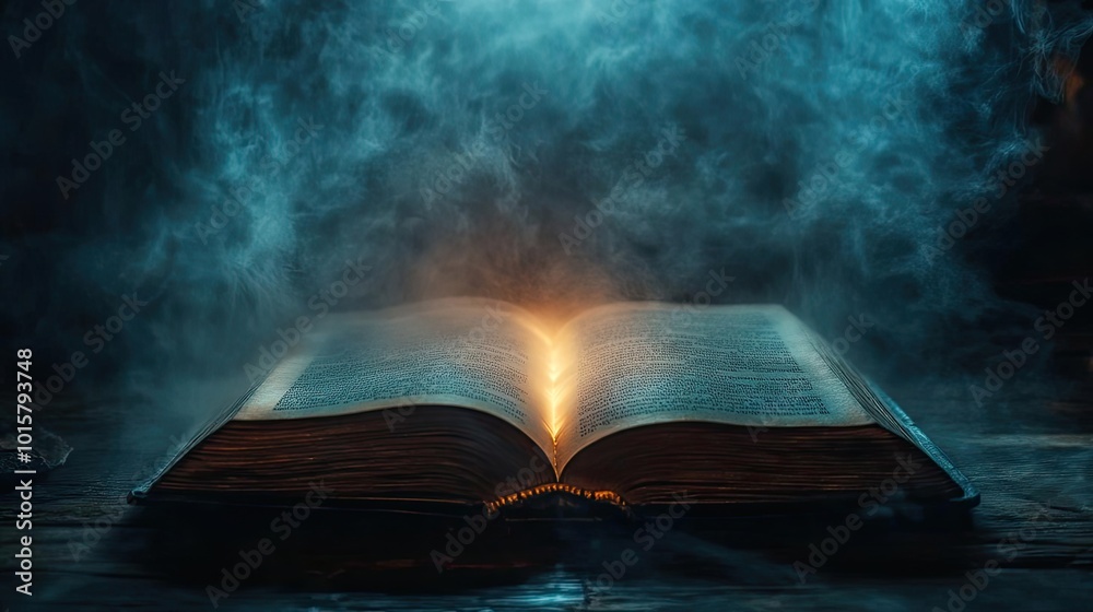 Aufkleber An enchanting open book illuminated by ethereal light, surrounded by mystical fog, creating a serene and magical atmosphere.
