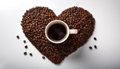 Naklejka premium Textured ceramic coffee mug filled with a vibrant coffee blend. Scatter the ground coffee beans around the mug in a heart shape, symbolizing love for coffee