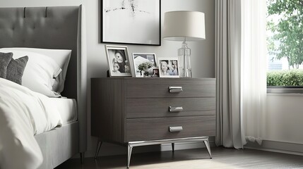 Fototapeta premium A sleek, gray wooden bedside table with silver legs and chrome accents stands beside the bed in an elegant bedroom setting. The nightstand holds various items like photos of family members, lamps 