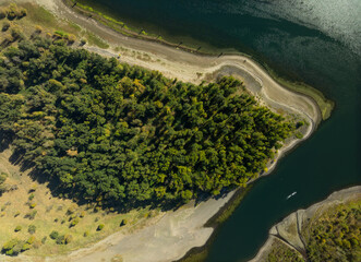 A forested area with a river running through it