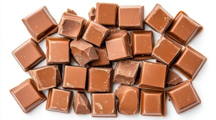 A photostock images of milk chocolate pieces arranged symmetrically on a clean white background