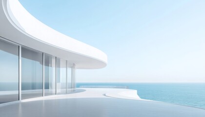 Fototapeta premium A sleek white minimalist building with curved walls and glass windows offers a stunning ocean view against a light blue sky, creating a serene atmosphere. 