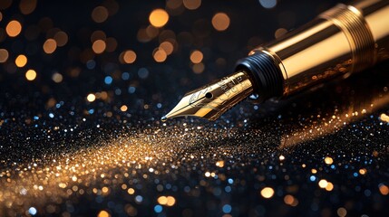 A golden fountain pen creates a sparkling trail
