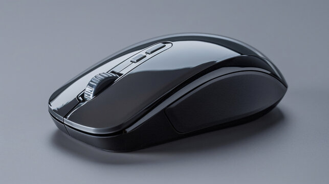 A glossy black wireless computer mouse sits on a minimalist gray surface, showcasing modern design and technology.