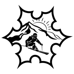 Skiing on Mountain, Hand Drawn Vector Illustration
