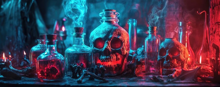 Spooky scene with glowing skulls and eerie potions, perfect for Halloween or horror-themed projects.