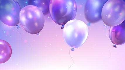 Birthday congratulation banner with helium flying blue and purple balloons on pastel background. Realistic 3d vector greeting template with holiday decor balls bunch for anniversary or New Year design © klyaksun