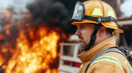 Fototapeta premium Brave firefighter standing firm in front of blazing fire, wearing helmet and uniform.