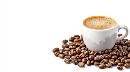 A photostock images of steaming coffee with coffee beans scattered around on a clean white background