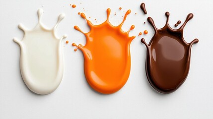 A photostock images of three pieces of chocolate in white, milk, and dark varieties splashing into milk on a clean white background