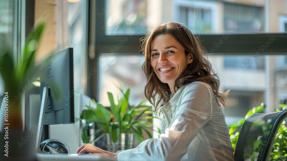 Aufkleber a woman is sitting at a desk with a computer and smiling