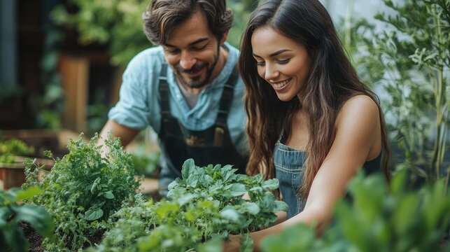 Couple of farmers taking care of aromatic plants in a garden center